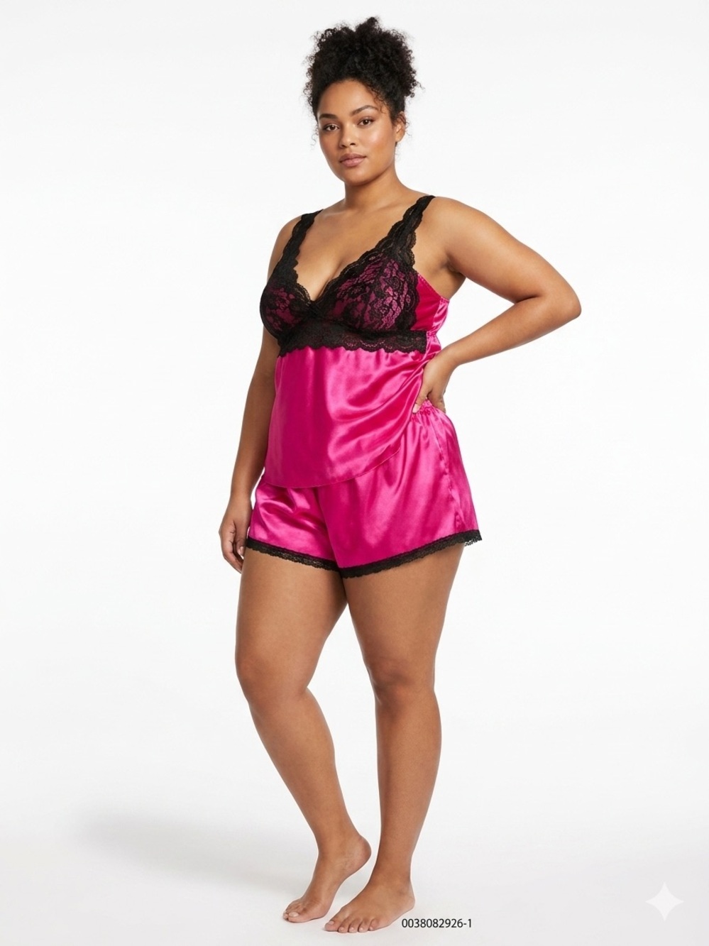 Vintage Avon Satin Pajama Set 2X 2T Magenta Pink Black Lace Shorty Cami